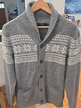 J. Crew Gray 100% Lambswool Men's Shawl-Collar Fair Isle Cardigan Sweater (M)
